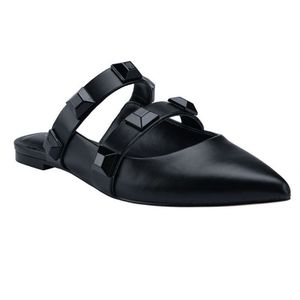 Charles David Black Leather Pointed Toe Mules Studded Flats 8 M